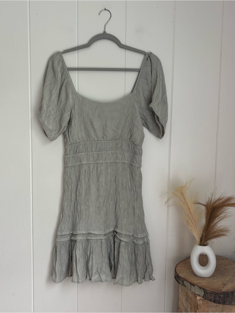 Sage Green Puff-Sleeve Scoop Mini Dress